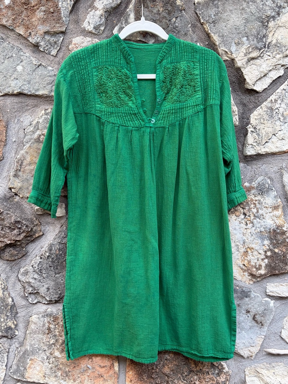 Vibrant Green San Miguel Embroidered Cotton Peasant Dress Tunic XS/S 2/4